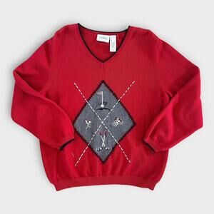 Vintage Red Argyle Embroidered Golf Sweater LizGolf Women's Large Preppy Classic